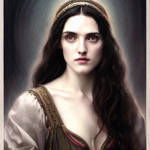 Image similar to beautiful striking Pre-Raphaelite Katie McGrath by Artgerm and Greg Rutkowski, intricate, elegant, highly detailed, digital painting, pale, perfect eyes, symmetrical face