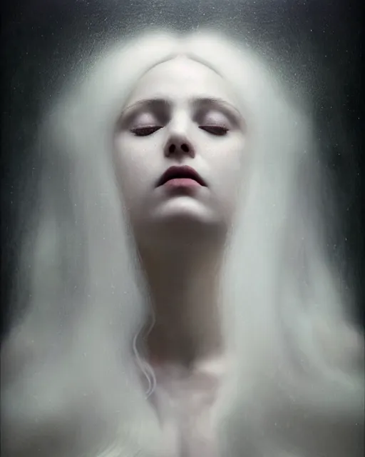 Image similar to soft, dreamy, subsurface scattering, white, young beautiful goddess in cosmos with very long white hair floating in air, fluid smoke art, black and white, octane render, dino valls, mark ryden, joe fenton, michal karcz, highly detailed, rim light, art, cinematic lighting, very coherent, hyper realism, 8 k