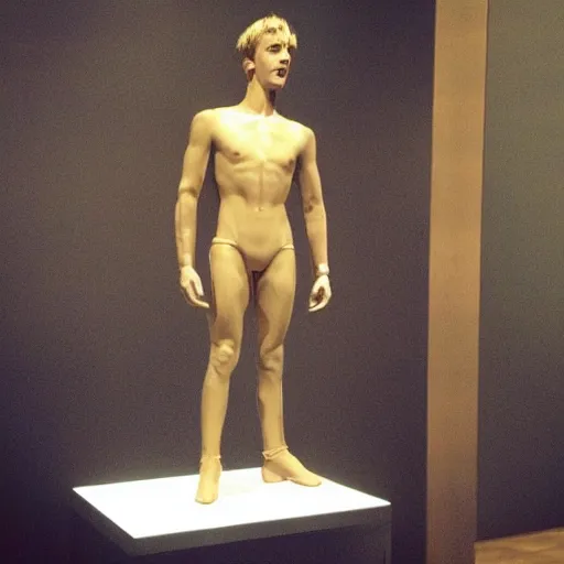 Image similar to “a realistic detailed photo of a guy who is an attractive humanoid who is half robot and half humanoid, who is a male android, British diver Jack Laugher, shiny skin, posing like a statue, blank stare, at the museum, on display”