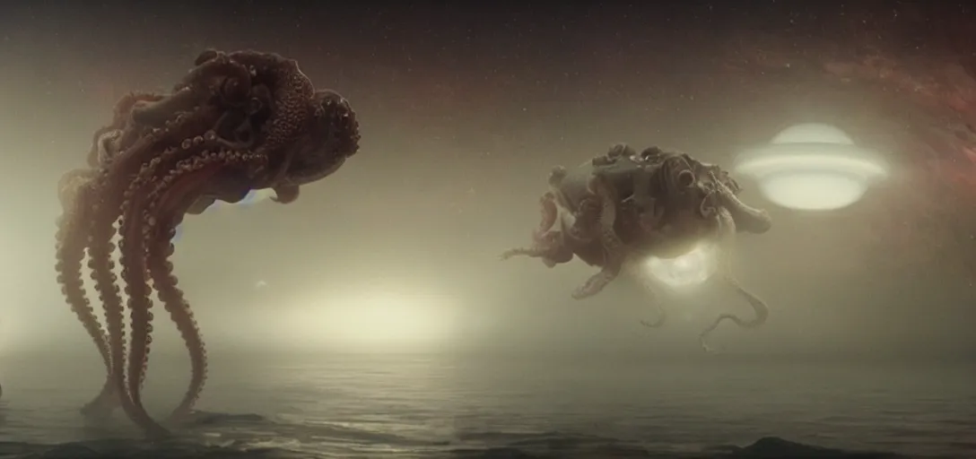 Prompt: a robotic octopus consuming jupiter, foggy, cinematic shot, photo still from movie by denis villeneuve, wayne barlowe