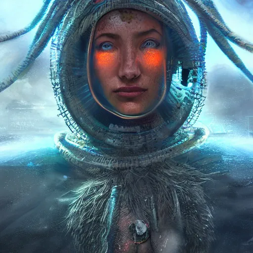 Image similar to detailed portrait of a futuristic sci - fi shaman in an impressive scene. extremely detailed. beautiful lighting. concept art. trending on artstation.