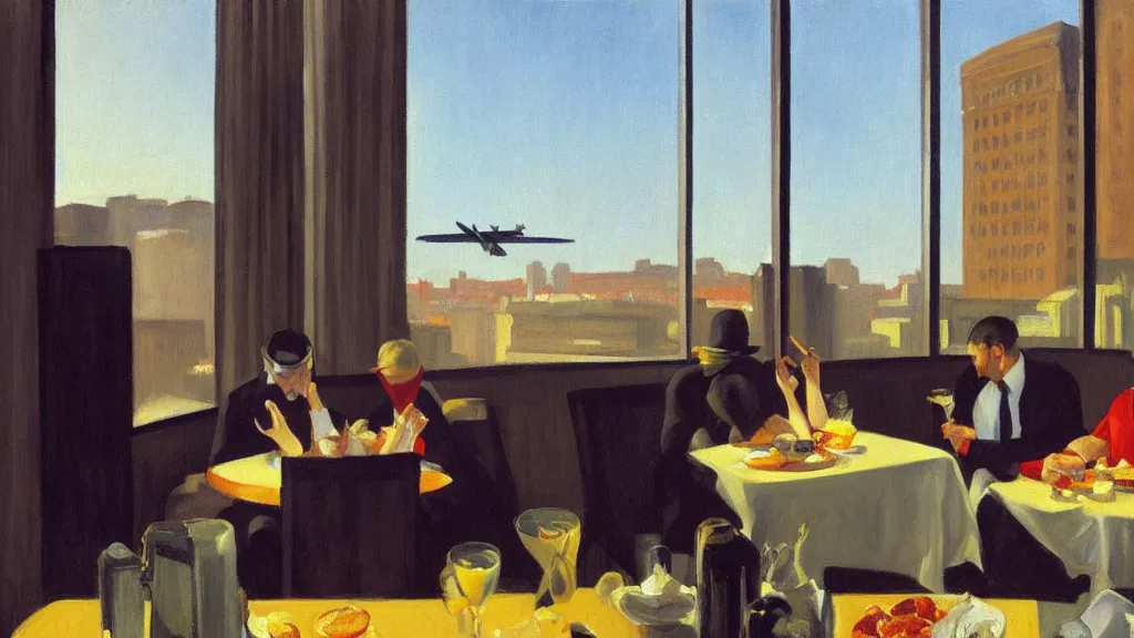 Image similar to 911 terrorist attacks with a plane, explosion and smoke, as seen from the window of a luxury hotel while a couple eats breakfast, by Edward Hopper, high-resolution painting