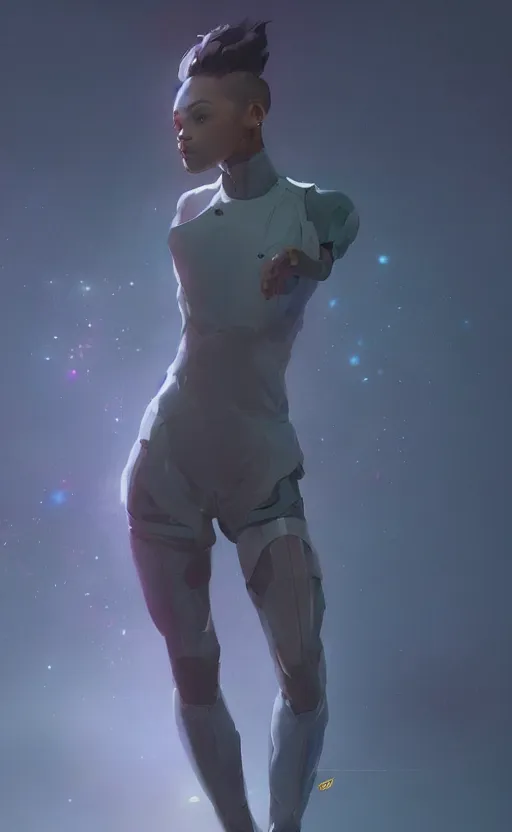 Image similar to sci fi female character, muted colored bodysuit, sci fi, extra large legs, soft lighting, by wojtek fus and ruan jia and makoto shinkai and ilya kuvshinov