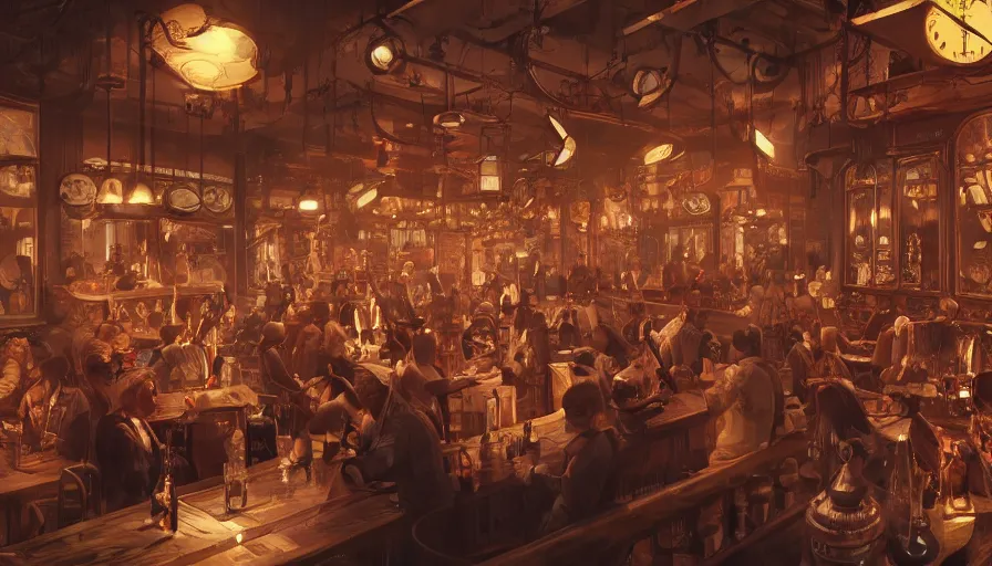 Prompt: Interior of a steampunk crowded restaurant with smoking machines, hyperdetailed, artstation, cgsociety, 8k