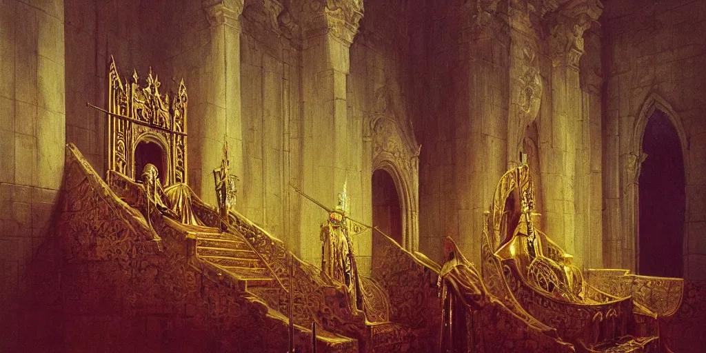 Image similar to a medieval king sitting on a golden throne led by stairs leaning on a shiny sword in a palace, light illuminating behind the throne, beksinski and syd mead cinematic painting