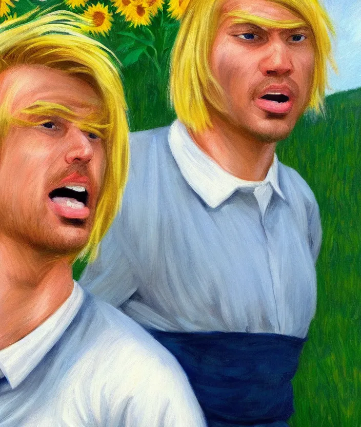 Prompt: a closeup portrait of a man in a blonde bob wig with blonde bangs, standing in beautiful sunflower field, screaming and sad, highly detailed, aesthetic clouds in the sky, in the style of edward hopper, very fine brush strokes, 4 k,