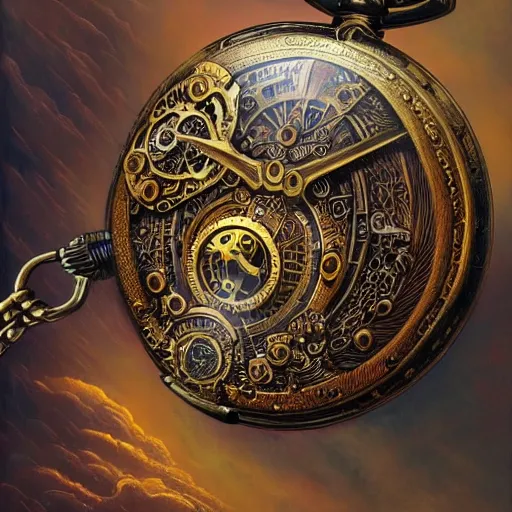 Image similar to low angle shot of a steampunk pocket watch by clive barker, intricate, elegant, highly detailed, centered, digital painting, artstation, concept art, smooth, sharp focus, illustration, artgerm, Tomasz Alen Kopera, Peter Mohrbacher donato giancola, Joseph Christian Leyendecker, WLOP, Boris Vallejo.