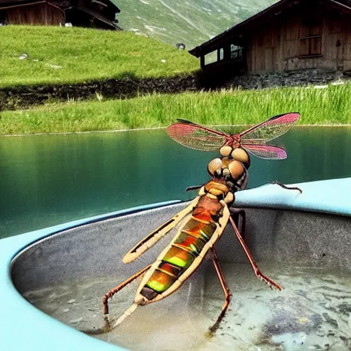 Image similar to dragonfly in a bathtub in the alps, big goat!!!!!!! in the background