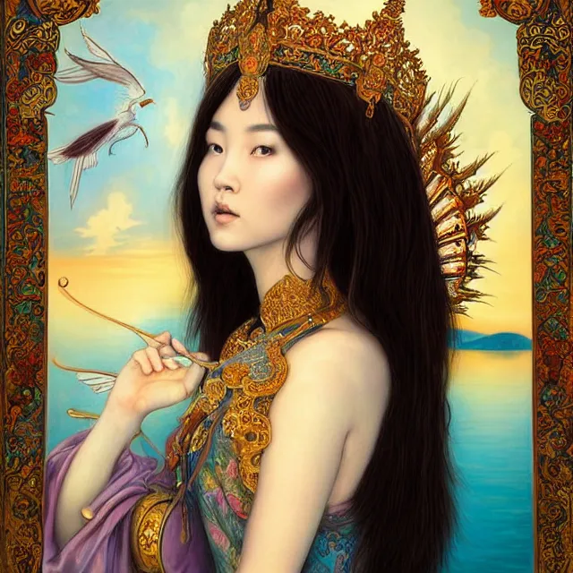 Prompt: in the art style of bagshaw tom artgerm and bowater, charlie, by bagshaw tom, artgerm and bowater, charlie, portrait of a beautiful asian mongolian princess goddess spreading its wings, portrait of princess wearing a beautiful ornate crown, in the background lake baikal is seen