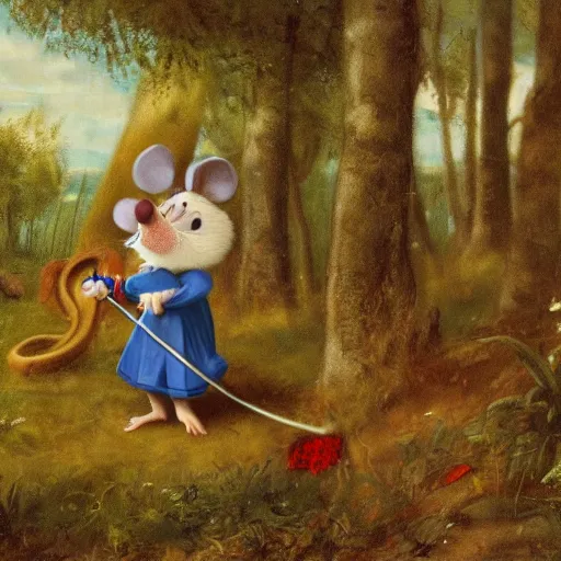 Image similar to an adventurous anthropomorphic mouse wearing medieval clothing walking through a lush forest, vasnetsov, 4k resolution