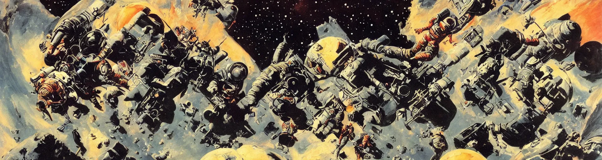 Image similar to astronauts in the space by frank frazetta