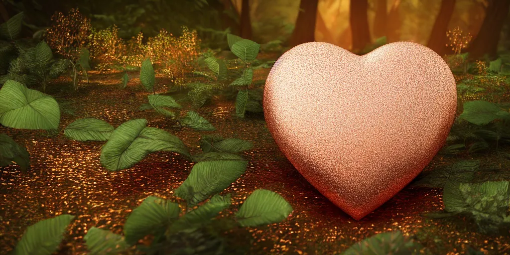 Prompt: ultra-realistic rose gold heart, buried inside an enchanted forest, prism highlights, depth of field, cinematic, concept art, art station, octane render, v-ray, 8k, C4D