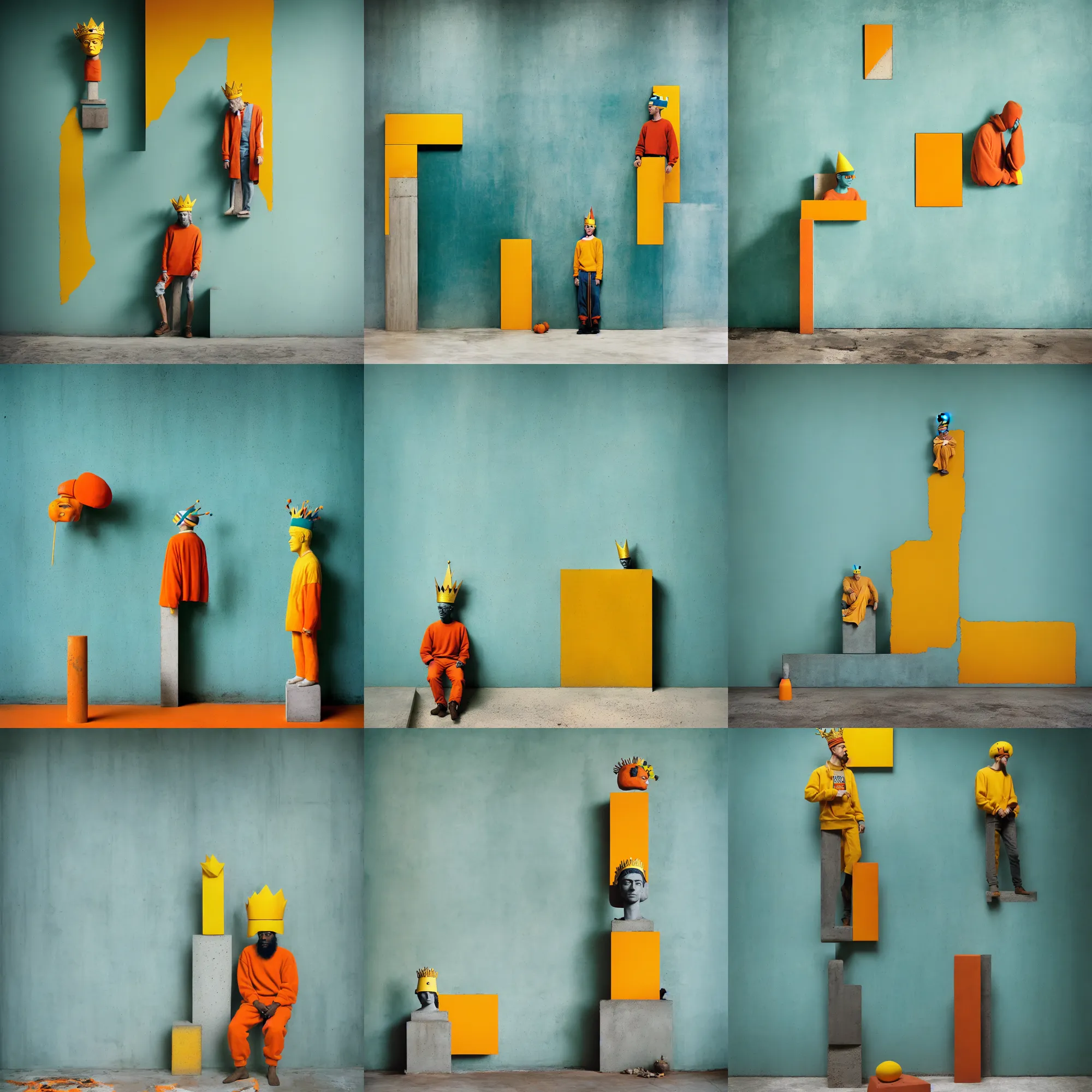 Image similar to kodak portra 4 0 0, 8 k, shot of a highly detailed, britt marling style, colour still - life portrait of a large minimalistic room, rough concrete walls, a single rough carved wooden teal and orange striped coloured statue is standing on a concrete podest with a yellow crown on his head, muted colours