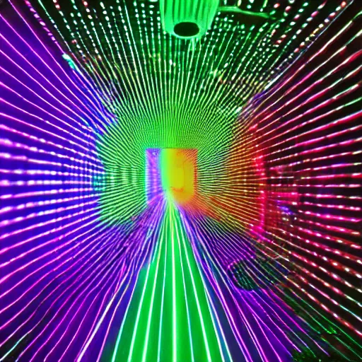 Image similar to mirror tunnel colored laser show, 8 k