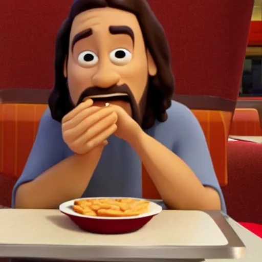 Image similar to jesus eating at chick - fil - a, pixar,