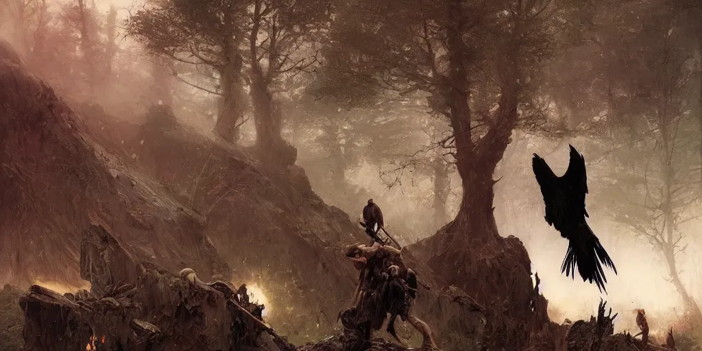 Prompt: angry barbarian norse god pushes an attacking raven from his face, dense forest, dusk, sunset, campfire, horizontal symmetry inception good composition artstation illustration sharp focus, vista painted by ruan jia raymond swanland lawrence alma tadema zdzislaw beksinski norman rockwell tom lovell alex malveda greg staples