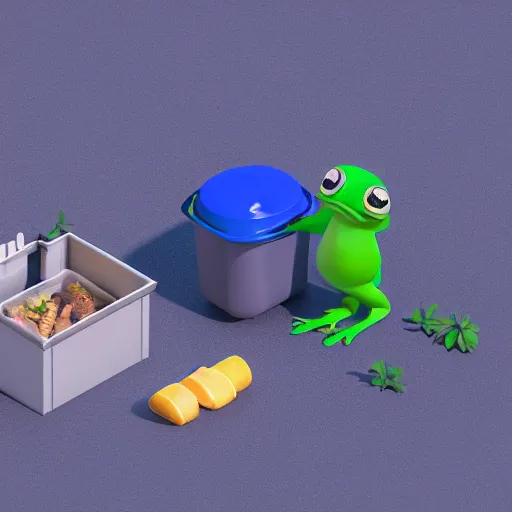 Prompt: isometric minimalistic chubby kitchen with pepe the frog and trashcans, cinema 4 d, 1 0 0 mm, blue color scheme depth of field, octane render, studio lighting