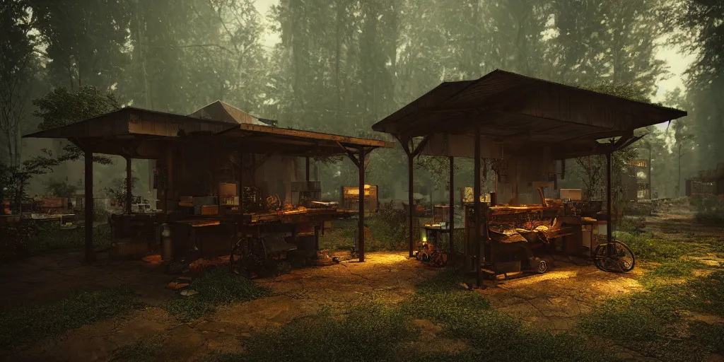 Image similar to blacksmith stall, cyberpunk, rain, in a forest, octane render