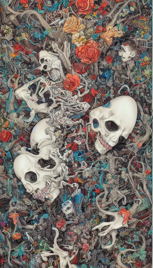 Prompt: life and death mixing together, by james jean