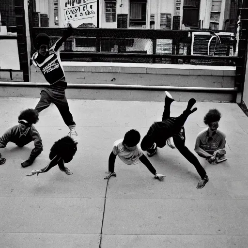 Prompt: four breakdancers battling in the bronx in 1984, by Andy Warhol, gritty, energetic, photographic, 35mm lens, trending on artstation