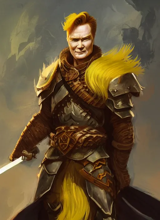 Image similar to illustration of conan o'brien as a dnd paladin with short blond hair and big muscles, yellow hair, straw colored hair, casting a protection spell, by bayard wu