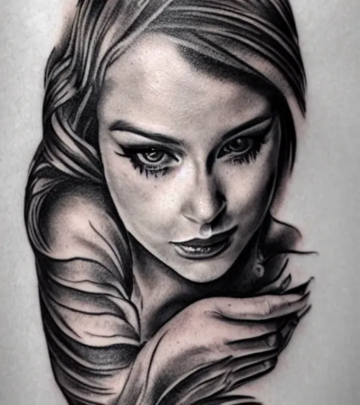 Image similar to tattoo design sketch of a beautiful girl portrait in front of a faded mountain background, in the style of den yakovlev, black and white, realism tattoo, hyper realistic, highly detailed