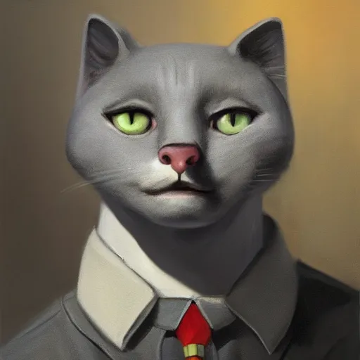 Prompt: Portrait painting of an anthropomorphic gray cat wearing as a 1950's Soviet leader, trending on artstation, by Sergey Kolesov