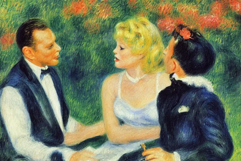 Image similar to frank sinatra and peggy lee singing at the hollywood bowl, by renoir and margaret keene and monet,