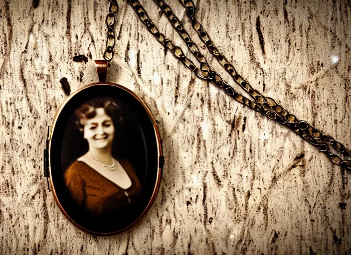 Prompt: old retro burnt out sepia photograph with scratches of a hanging from a branch golden necklace a tiny slim open case oval rusty golden locket pendant with a (portrait of an elegant and aesthetic woman royalty!!) inside the locket. with trees visible in the background with bokeh. Antique. High quality 8k. Intricate. Sony a7r iv 35mm. Award winning. Zdzislaw beksinski style