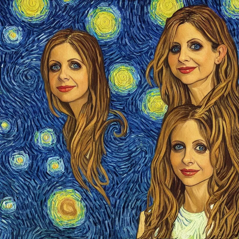 Image similar to An oil painting of Sarah Michelle Gellar in the style of Starry Night by Vincent van Gogh