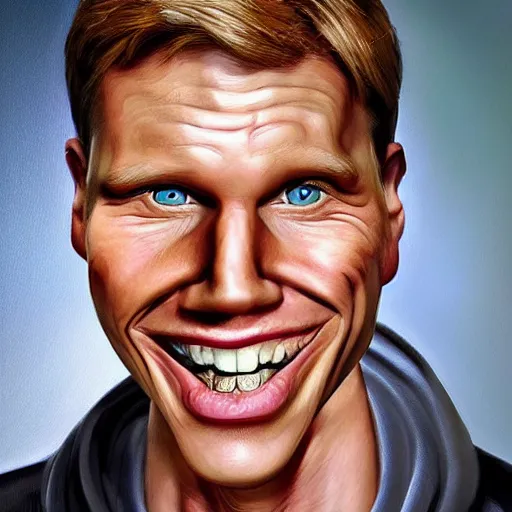 Image similar to Caricature portraits done of Jerma realistic, hyperrealistic, very realistic, highly detailed, very detailed, extremely detailed, detailed, oil painting, digital art, trending on artstation