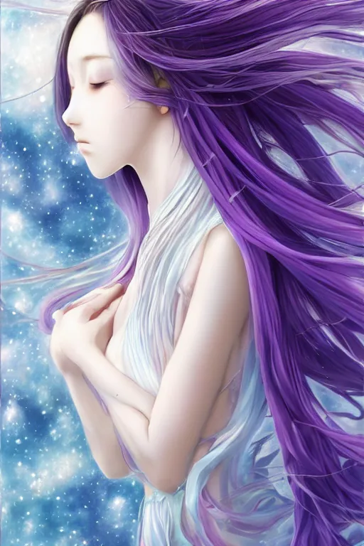 Prompt: 4k detailed portrait of a beautiful intimate woman with long purple cosmic hair and a beautiful celestial dress, by Miho Hirano. Anime, volumetric lighting