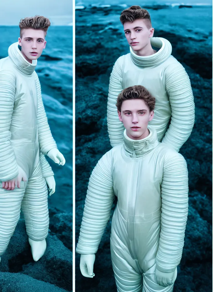 Prompt: high quality pastel coloured film portrait photograph of a beautiful young 2 0 year old male, soft features, short hair, wearing perspex space suit and oversized inflated clothing!! icelandic black rock pool environment. atmospheric three point light. photographic. art directed. ( pastel colours ). volumetric. clearcoat. waves. 8 k. filmic.