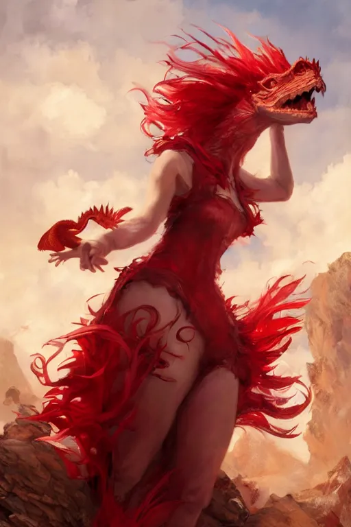 Image similar to Red hair woman in a sundress with a red dragon ,by Jaime Jones, Raymond swanland, Ruan Jia, Kentaro Miura, Artgerm,