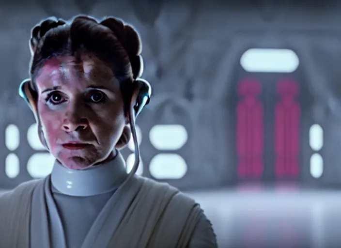 Image similar to portrait of Princess Leia alone at Jedi Temple scene from the last jedi, 2022, film by Stanley Kubrick, 4k serene, iconic , photoreal Carrie fischer, detailed stunning cinematography, hyper detailed, sharp, anamorphic lenses, kodak color film