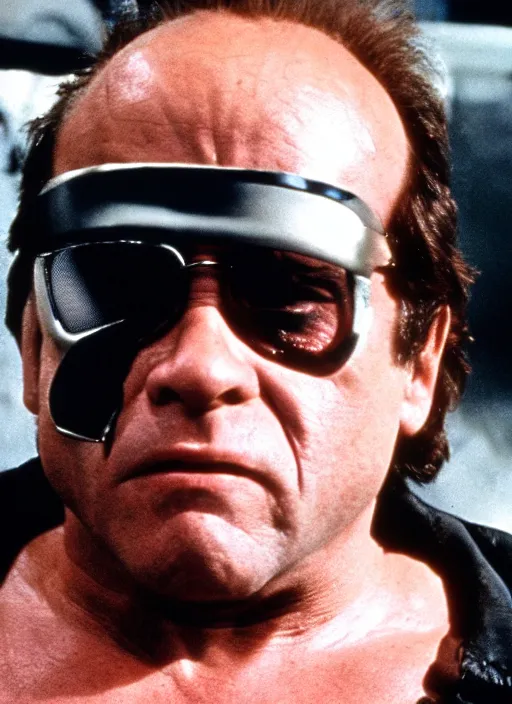 Prompt: film still of Danny DeVito as The Terminator in Terminator, 4k