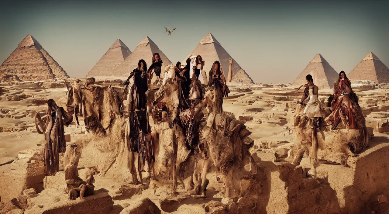 Prompt: fashion editorial portrait by jimmy nelson. on top of the pyramids. in egypt