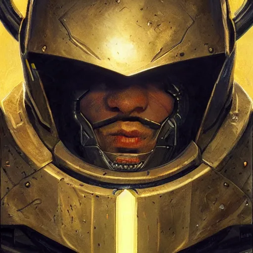 Prompt: the doomslayer with glowing armor as a realistic scifi cyberpunk knight, closeup portrait art by donato giancola and greg rutkowski, vintage retro scifi, realistic face, digital art, trending on artstation, symmetry!!!