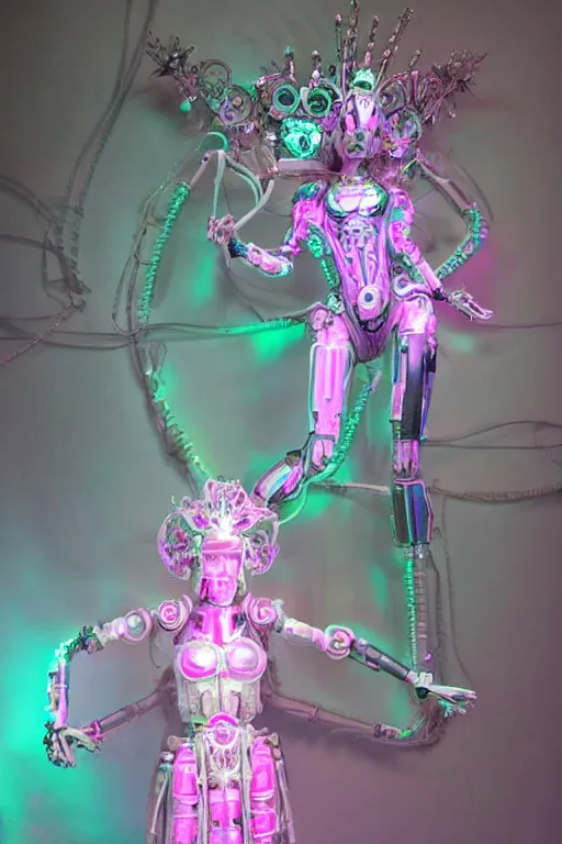 Image similar to full-body baroque and bladerunner style pink neon statue of a beautiful goddess ((mech humanoid)) dancing sim roupa, (((glowing white face))), (crown of golden steampunk gears), emeralds, swirling silver silk fabric. futuristic elements. prismatic liquid rainbow light, full-length view. space robots. (((human skulls))). throne made of bones, intricate artwork by caravaggio. Trending on artstation, octane render, cinematic lighting from the right, hyper realism, octane render, 8k, depth of field, 3D