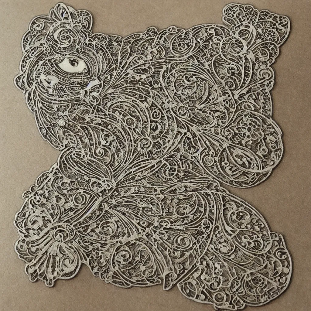 Prompt: vintage art nouveau style sticker, cat as a cyborg, detailed filigree fretwork lacework