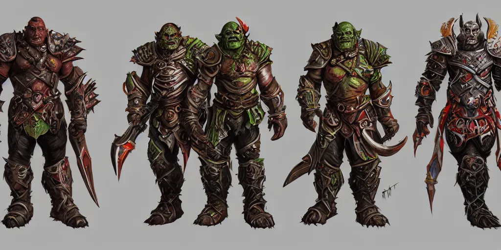Prompt: three different views of orcs in armour, colourful intricate! concept art by senior character artist, trending on artstation, artstation hd, full body