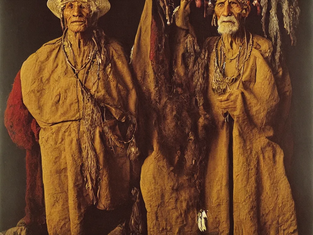 Image similar to portrait of an old Ayahuasca shaman. Painting by Jan van Eyck, August Sander.