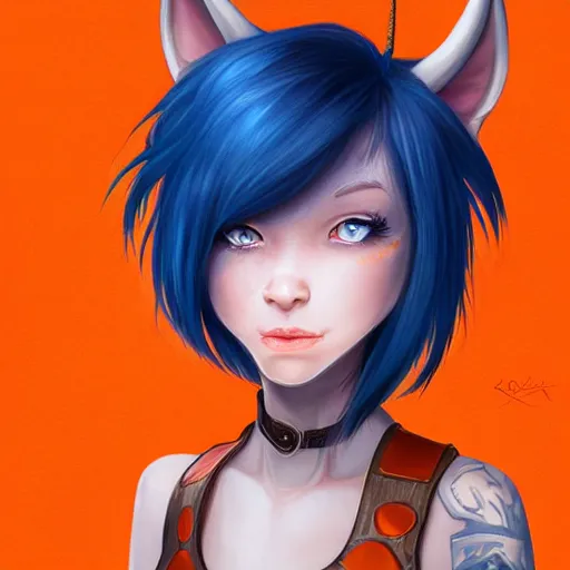 Prompt: illustrated realistic tilted head portrait female prong-horned kobold with blue bob hair and solid dark eyes wearing strap leather armor, orange glow, backlit by rossdraws