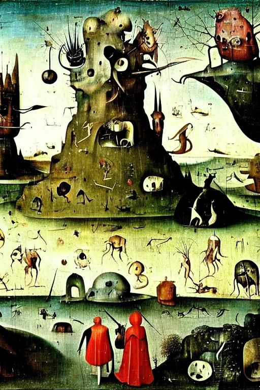 Image similar to a beautiful landscape with weird creatures by hieronymus bosch and dali