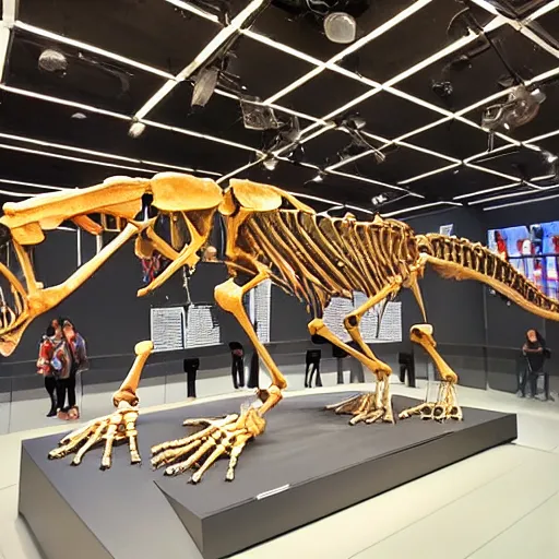 Prompt: the skeleton of a dachshund tyrannosaurus rex in a museum. Tourists are looking