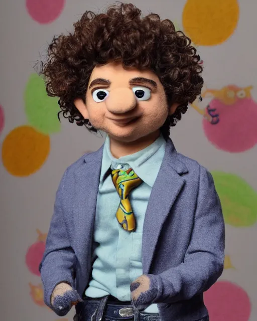 Prompt: dustin henderson gaten matarazzo as a muppet. highly detailed felt. hyper real photo. 4 k.