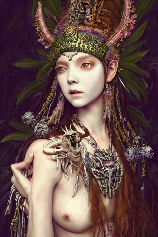 Image similar to A masterpiece ultrarealistic portrait of a Irristible angel princess tribal-shaman-knight-witch-ghost with Skull Iron mask. baroque renaissance girl in the night forest. medium shot, intricate, elegant, highly detailed. trending on artstation, digital art, by Stanley Artgerm Lau, WLOP, Rossdraws, James Jean, Andrei Riabovitchev, Marc Simonetti, Yoshitaka Amano. background by James Jean and Gustav Klimt, light by Julie Bell, 4k, porcelain skin.