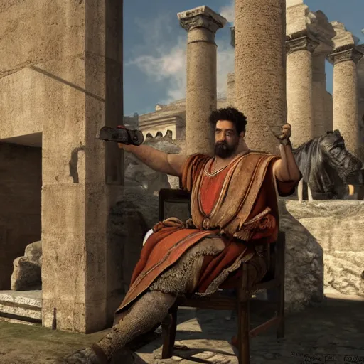 Image similar to 8 k, uhd, historical coloured pictures of ancient roman playing ps 5 consoles, highly details form, highly details content
