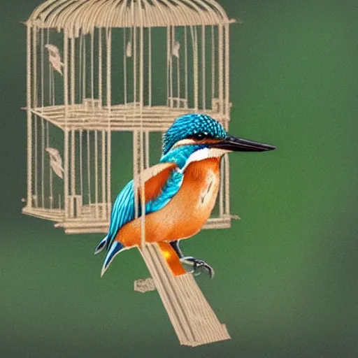 Prompt: kingfisher in a bird cage, realistic, high detail