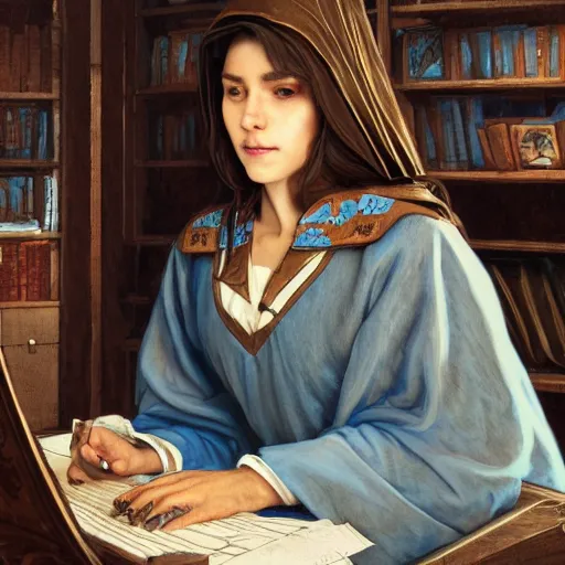 Image similar to a female wizard with brown hair wearing a blue hood and blue robe typing on a computer at a wooden desk with bookcases behind her, fantasy, highly detailed, digital painting, artstation, concept art, character art, art by greg rutkowski and tyler jacobson and alphonse mucha